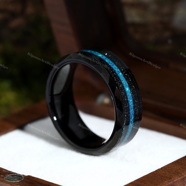 Custom Space Galaxy Ring Engraved Meteorite Tungsten Ring Channel Custom Engraved Ring Black Opal and Turquoise Ring 8mm Men's Band