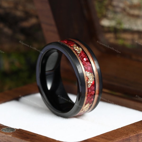 Rose Gold Leaf Ruby Ring Black and Rose Gold Two Tone Mens Wedding Band Unique Gemstone Crushed Red Ruby Ring Brushed Black Tungsten Ring