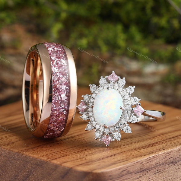 Morganite Couples Ring Set Opal His and Hers Wedding Band Crushed Morganite Rose Gold Ring Matching Couples Promise Ring Pink Gemstone Ring