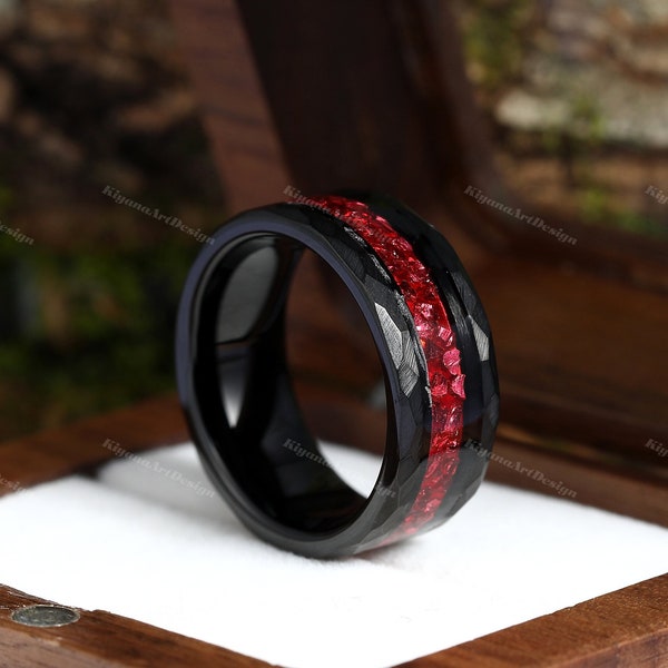 Crushed Red Ruby Men's Black Wedding Band Tungsten Carbide Hammered Ring 8mm Mens Wedding Ring Unique Birthstone Promise Ring For Him
