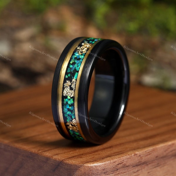 Opal Gold Leaf Ring Mens Wedding Band 8mm Two Tone Tungsten Ring Emerald Green Fire Opal Gold Leaf Foil Matte Black Gold Accent Unique