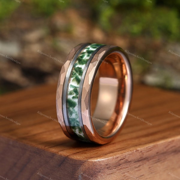 Hammered Green Moss Agate Mens Wedding Band Gold Tungsten Ring 8mm Man Ring Comfort Fit Dome Polish Birthday Anniversary Gift For Him