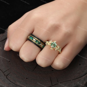 Grüner Moosachat-Feueropal-Blattgold-Ring-Set Ehering-Goldring-Set für Sie und Ihn, passender Natur-Paar, einzigartiger Vintage-Versprechensring Bild 2