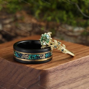 Grüner Moosachat-Feueropal-Blattgold-Ring-Set Ehering-Goldring-Set für Sie und Ihn, passender Natur-Paar, einzigartiger Vintage-Versprechensring Bild 4