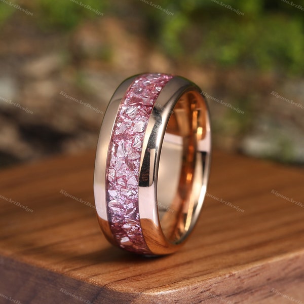 Pink Morganite Ring Rose Gold Tungsten Ring Womens Mens Wedding Band Comfort-Fit Dome Polished Anniversary Ring Statement Ring 8mm Ring