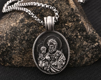 Religion Men's Necklace/ Christian Pendant/ Joseph Holding Jesus Necklace/ St. Joseph Pendant Necklace