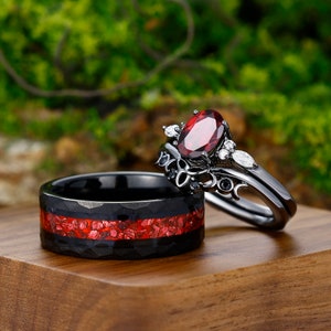 Oval Garnet & Crushed Red Ruby Ring Set Matching Couple Rings His and ...