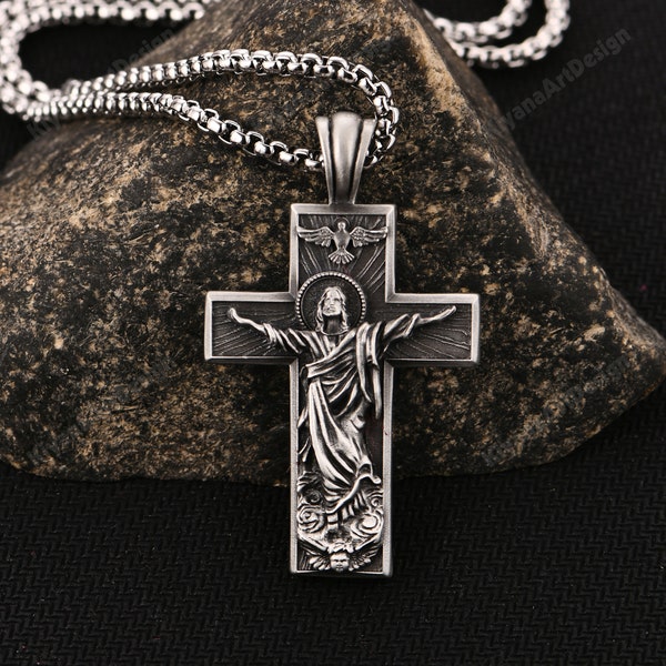 Christian Men's Religious Necklace/ Jesus Necklace/ Cross Pendant Necklace/ Catholic Men's Retro Necklace