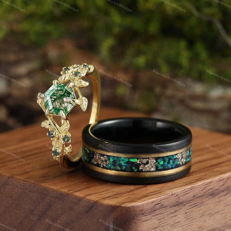 Grüner Moosachat-Feueropal-Blattgold-Ring-Set Ehering-Goldring-Set für Sie und Ihn, passender Natur-Paar, einzigartiger Vintage-Versprechensring Bild 3
