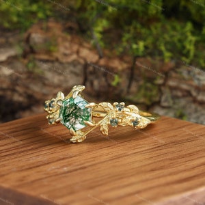 Grüner Moosachat-Feueropal-Blattgold-Ring-Set Ehering-Goldring-Set für Sie und Ihn, passender Natur-Paar, einzigartiger Vintage-Versprechensring Bild 7