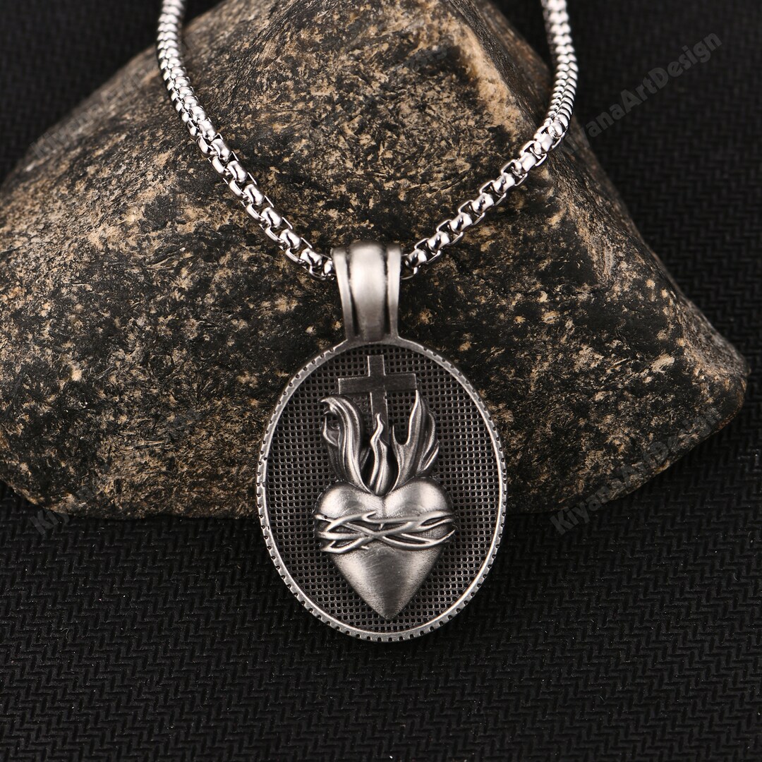 Christian Pendant Necklace/ Holy Heart of Jesus Cross Pendant/ Men's