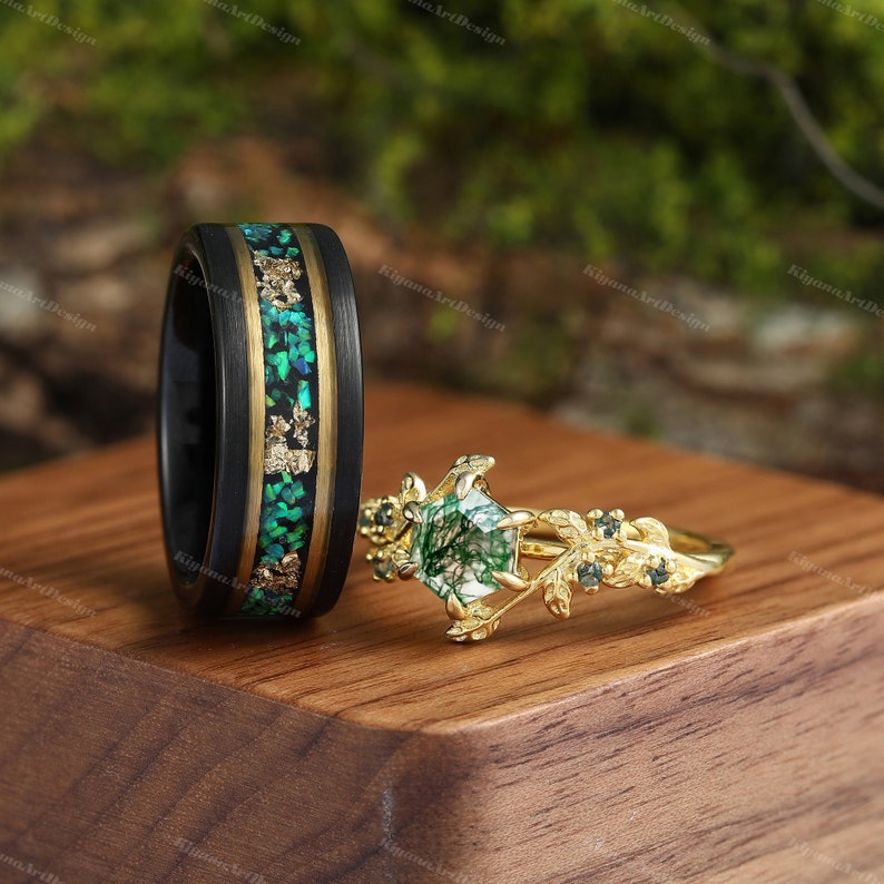 Grüner Moosachat-Feueropal-Blattgold-Ring-Set Ehering-Goldring-Set für Sie und Ihn, passender Natur-Paar, einzigartiger Vintage-Versprechensring Bild 5