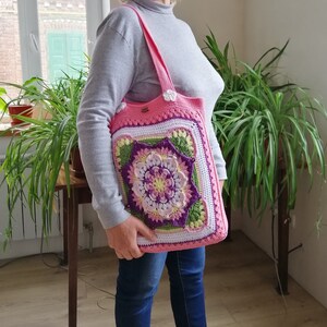 Rosa Häkeltasche, Häkeltasche, Große Einkaufstasche, Häkeltasche mit Blume, Rosa gehäkelte Schultertasche, Tasche langer Griff, große Damen-Häkeltasche