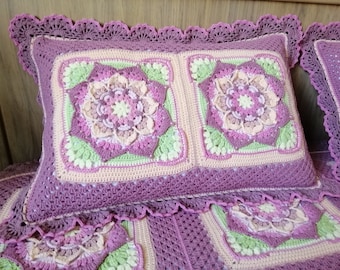 Large crochet decorative pillow with flowers. Afghan crochet.