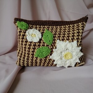 Bolsa de cosméticos marrón grande para artículos de tocador, Bolsa de maquillaje de crochet, Organizador de viaje, Bolsa de maquillaje grande, Billetera de crochet, Bolsa para mascarillas, Regalo para ella