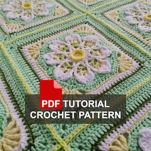 Pode incluir: Padrão de crochê para um cobertor com um design de flores. O cobertor é feito com fio verde, branco e amarelo. O padrão está disponível para download em PDF. PDF TUTORIAL CROCHET PATTERN