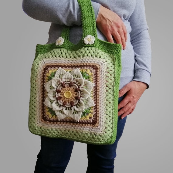 Green Crochet Bag Handmade Bag Beach Bag Crochet Tote Etsy