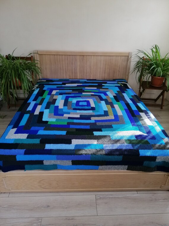 Blaue gestrickte Decke für das Sofa, kariert, Tagesdecke, gestrickte Tagesdecke, große Decke, blaue gestrickte Decke, handgemachte Decke, Bettgröße