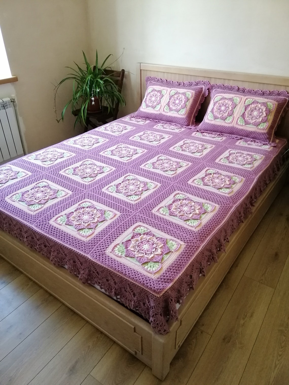 Large Pink Crochet Blanket With Flowers and Two Pillows for a Bed or