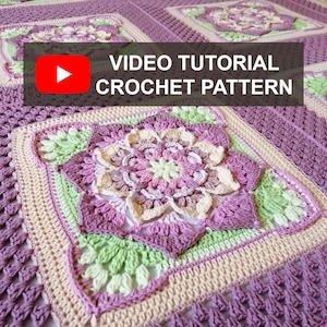 Video tutorial crochet pattern, Flower crochet pattern, Video lessons crochet blanket patterns, Afghan pattern, square crochet pattern
