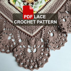 May include: A close-up of a brown and cream-colored crochet lace pattern. The pattern features a floral design with a scalloped edge. The text "PDF LACE CROCHET PATTERN" is overlaid on the image.