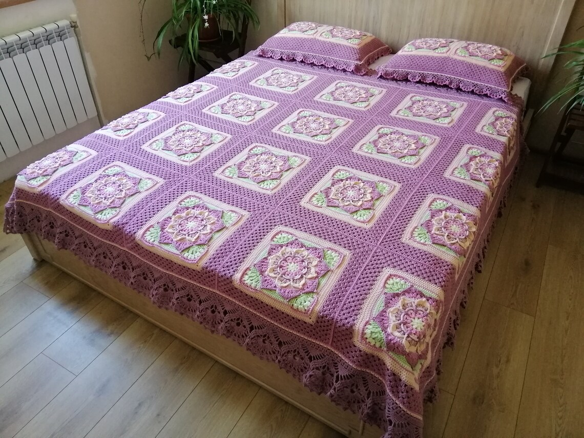 Large Pink Crochet Blanket With Flowers and Two Pillows for a Bed or