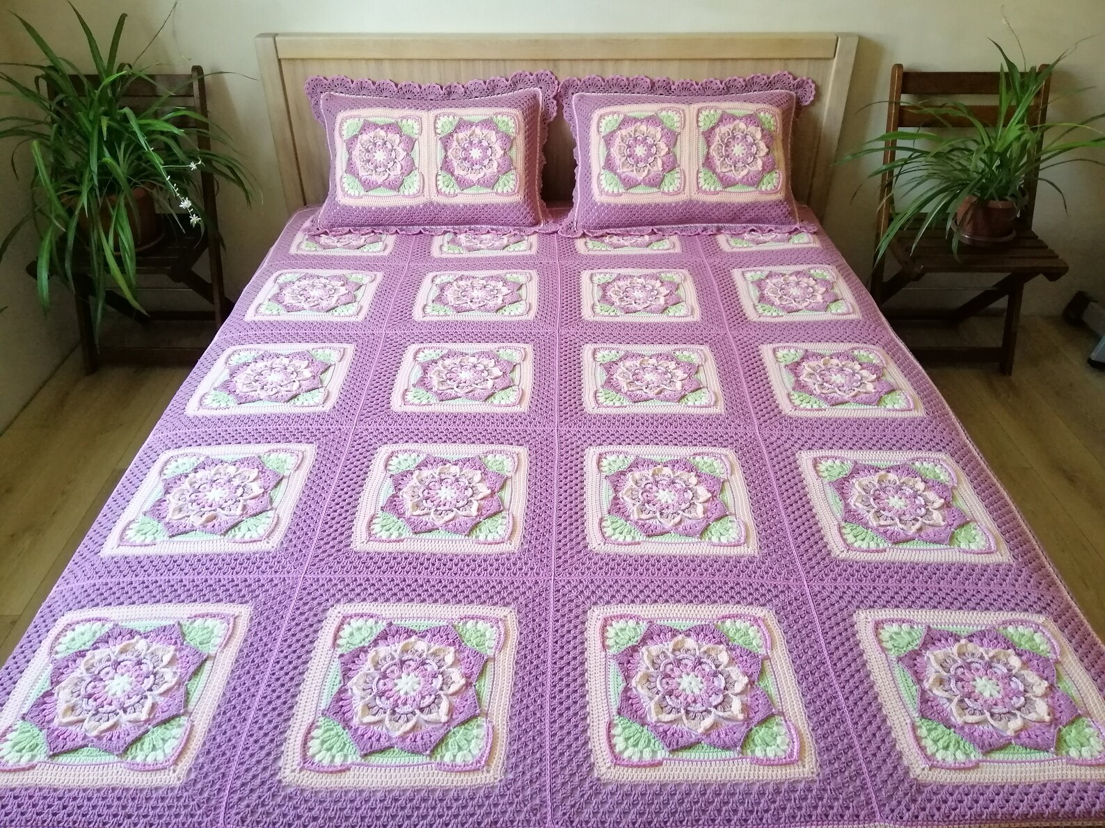 Large Pink Crochet Blanket With Flowers and Two Pillows for a Bed or Sofa. Crochet Bedding Set