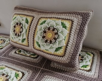 Crochet beige pillow, Crochet flower cushion, Decorative sofa cushion, Rectangular Crochet cushion, Armchair cushion, Crochet pillowcase