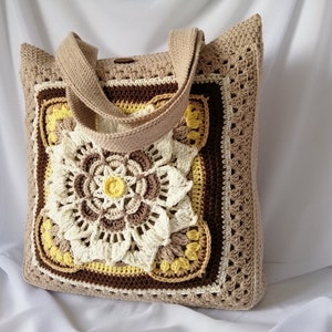 Beige Damentasche, Beige Umhängetasche, Häkelblumentasche, Braune Häkeltasche, Eco Tasche, Häkelschultertasche, Beige Tasche langer Griff