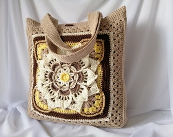 Women's beige bag, Beige shoulder bag, Crochet flower bag, Brown crochet bag, Eco bag , Crochet shoulder bag,Beige bag long handle