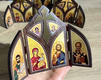Foldable Wooden Triptych Icon with Jesus, Mary, Archangels & Saints