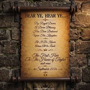 May include: A scroll-style announcement with the text "HEAR YE, HEAR YE..." and details about the arrival of an heir in September 2026. The parchment is aged, and the scroll is mounted on a brick wall.