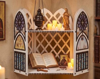 Wooden Altar Shelf: 2-Tier Stained Acrylic Glass Prayer Shabby Stand