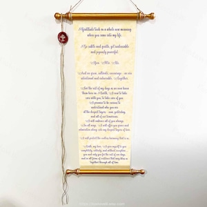 May include: A decorative scroll with gold-coloured wooden accents and a handwritten message in purple ink. The scroll is sealed with a red wax stamp and hung by a string. The text is a romantic poem.