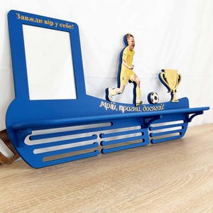 Custom Medal Holder with Photo and Team Logo – Personalized Wooden Trophy Shelf for Football, Soccer | Wall Sport Award Display Gift