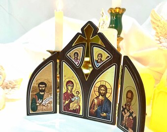 Handmade Wooden Triptych Icon: Jesus, Mary, Archangels, St. Nicholas