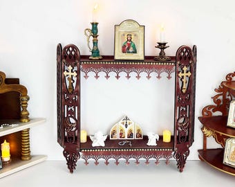 Wooden Iconostasis Shelf: Christian Home Altar, Orthodox Catholic Icon Display Handcrafted