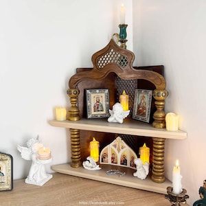 Wooden Corner Altar Shelf: Christian Orthodox Catholic Icon Stand
