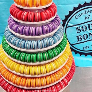 White Wooden Macaron Tower: 10-Tier Dessert Stand for Weddings