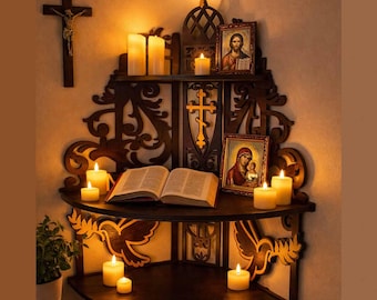 Elegant Orthodox Prayer Corner Altar – Wooden Iconostasis Shelf Home Decor