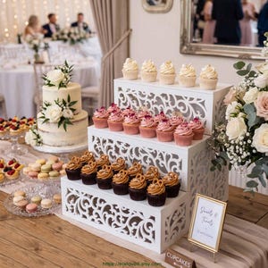 Op de afbeelding: Een witte dessertstandaard met drie niveaus met cupcakes en een taart. De standaard heeft decoratieve uitsparingen. Cupcakes met witte glazuur, roze glazuur en pretzel toppings zijn op de standaard gerangschikt. Een bord leest "Sweets & Treats".