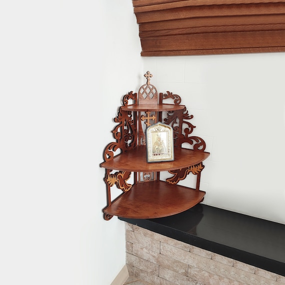 Wooden Corner Shelf for Icons Christian Home Altar Wall Orthodox