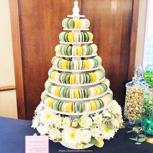 White Wood Macaron Tower: Tiered Dessert Stand for Wedding & Party