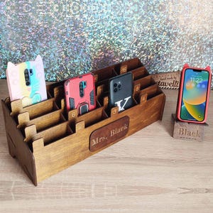 Wooden Phone Holder & Desk Organizer – Multi-Cell Classroom Storage Box, Office Stand, Teacher Appreciation Gift