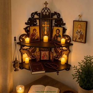 Op de afbeelding: Een donkerbruin houten hoekrek met religieuze iconen, kaarsen en een rozenkrans. Het rek heeft een kruisontwerp en kleine ingelijste foto's. Een kleine potplant en een boek zijn ook zichtbaar.