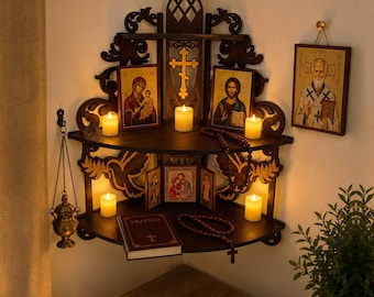 3-Tier Wooden Orthodox Prayer Corner Shelf – Christian Icon Display Stand, Catholic Home Religious Altar
