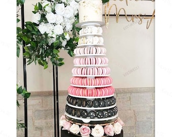 Macaron Tower Wood Cake Stand 10 niveles Exhibición de postres Treat Bar Holder Boda Ducha Cumpleaños Bautismo Compromiso Dulce Macaroon Tower madera