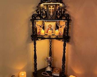 Orthodox Christian Prayer Corner Shelf, 3-6 Tier Wooden Icon Stand, Handmade Iconostasis Catholic Altar