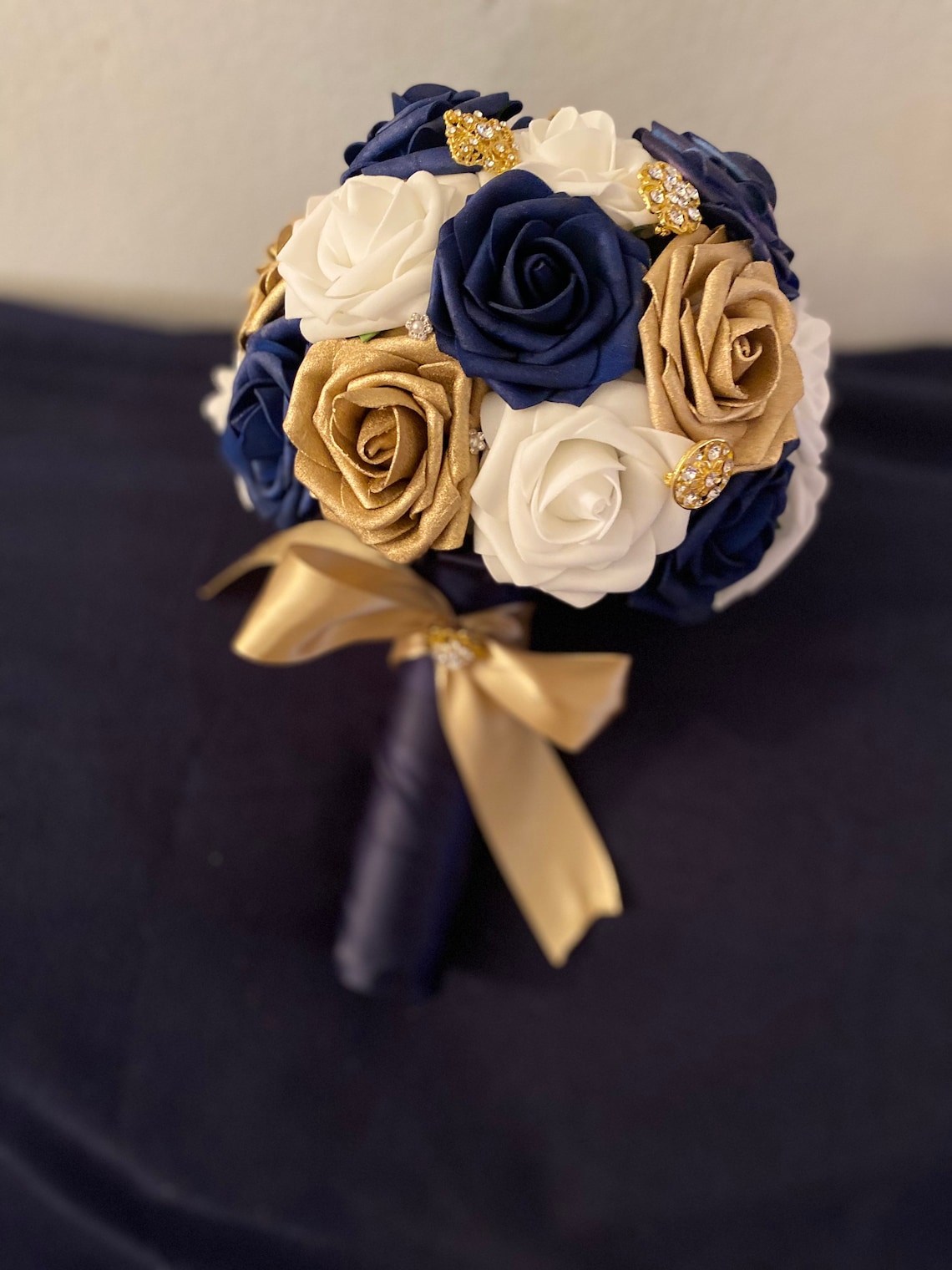 Wedding bouquet navy blue &gold white bouquet bridesmaids | Etsy
