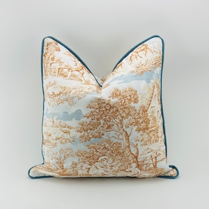 French Blue Toile Pillow Cover with Optional Velvet Welt Piping